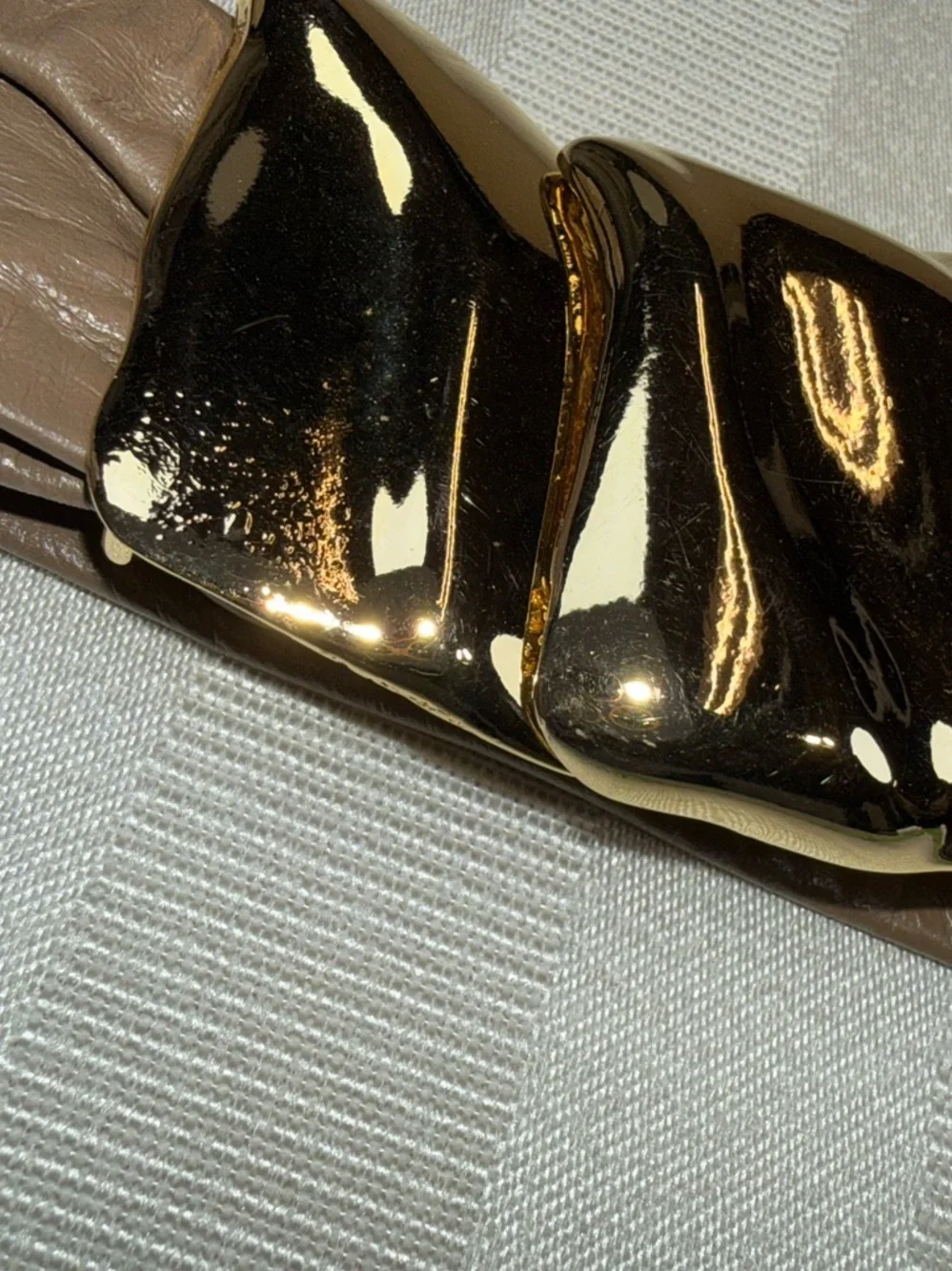 Vintage 80’s Belt Taupe Soft Leather Sculptural Gold Tone Clasp Buckle